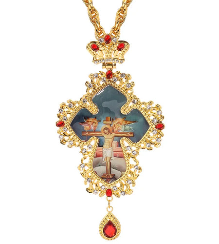 Latest Design Catholic Orthodox Cross Pendant Necklace Jesus Crucifix Rhinestones Cross Chain Handmade Jewelry Gift