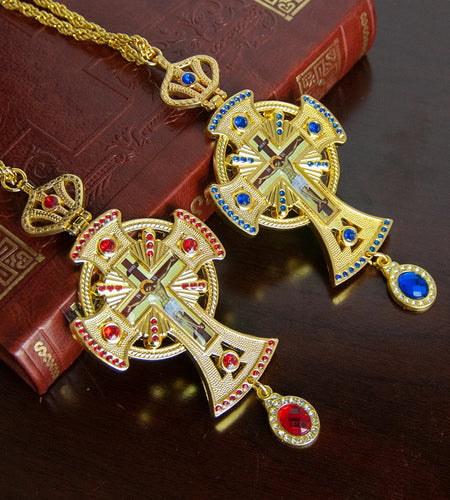 HT Medium Size Christian Church Cross Necklace Gold Antique Gold Plated Resin Jesus Orthodox Priest for Prayer