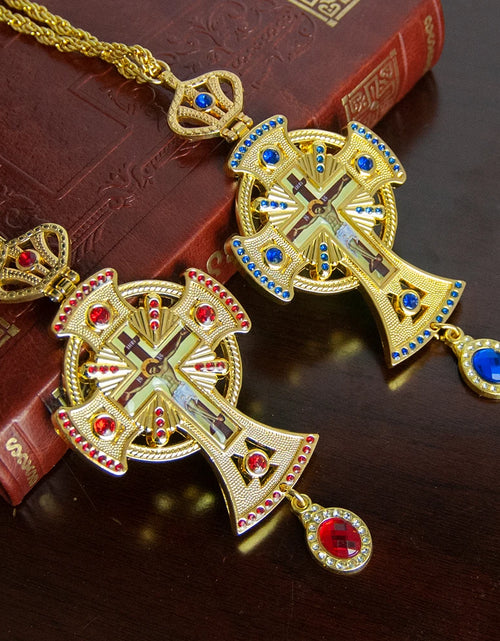 Load image into Gallery viewer, HT Medium Size Christian Church Cross Necklace Gold Antique Gold Plated Resin Jesus Orthodox Priest for Prayer
