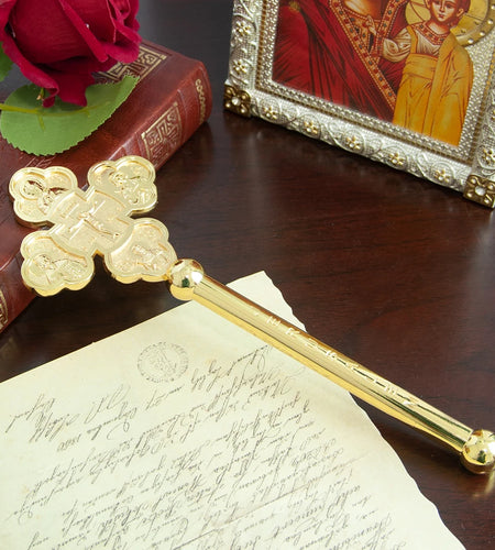 Handheld prayer alloy cross for Eastern Orthodox churches. Prayer ritual supplies are lightweight and easy to carry