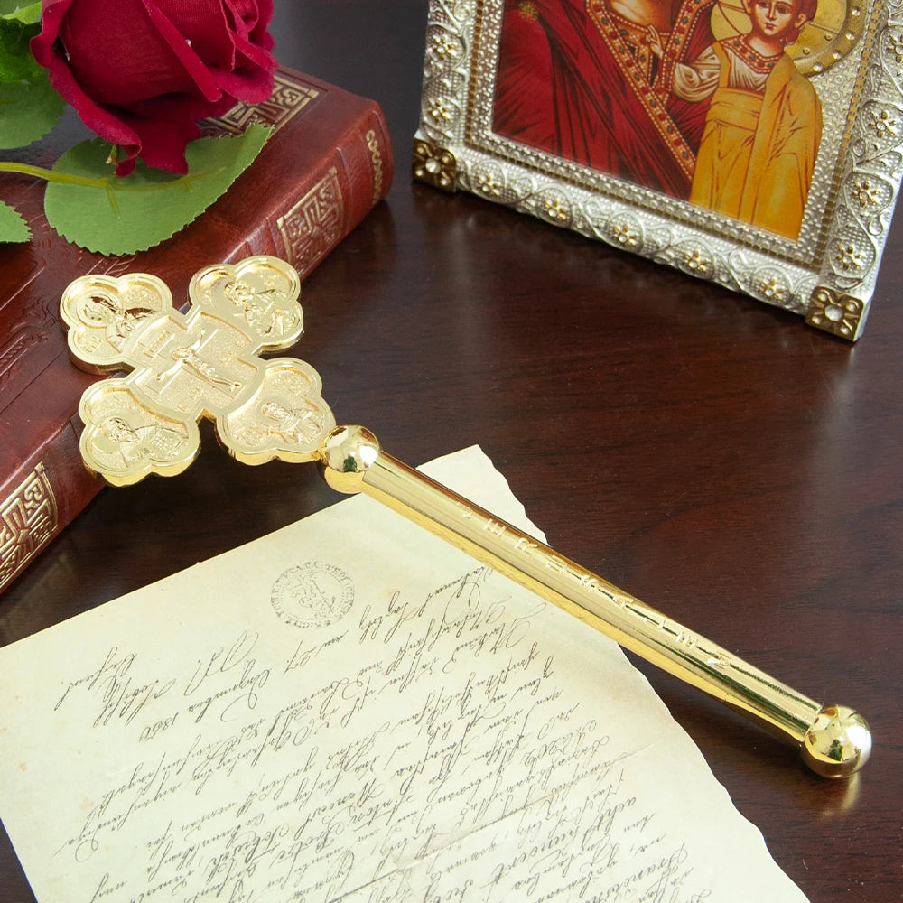 Handheld prayer alloy cross for Eastern Orthodox churches. Prayer ritual supplies are lightweight and easy to carry