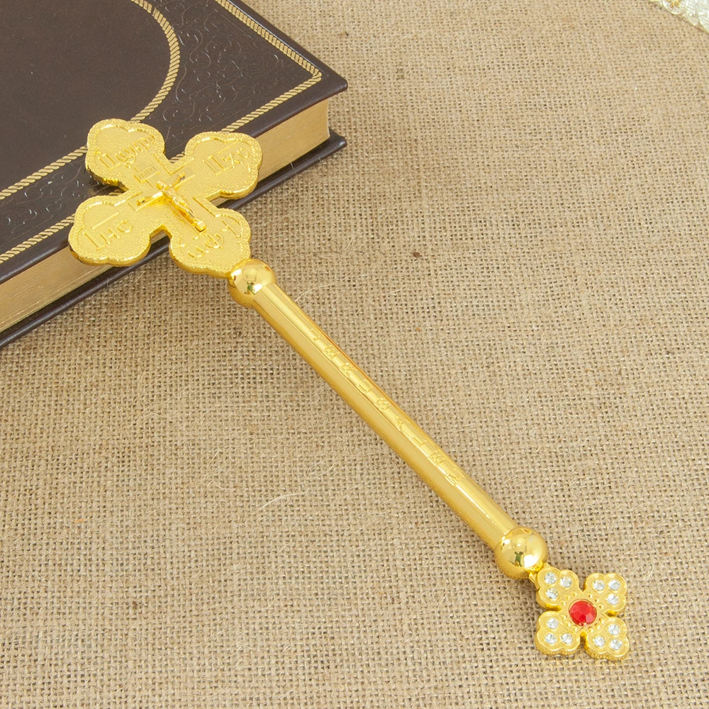 HT Small Hand Orthodox Cross Jesus Crucifix Statue Religious Prayer Gold Plated Hand Holding Cross With Stone Church Home Decor