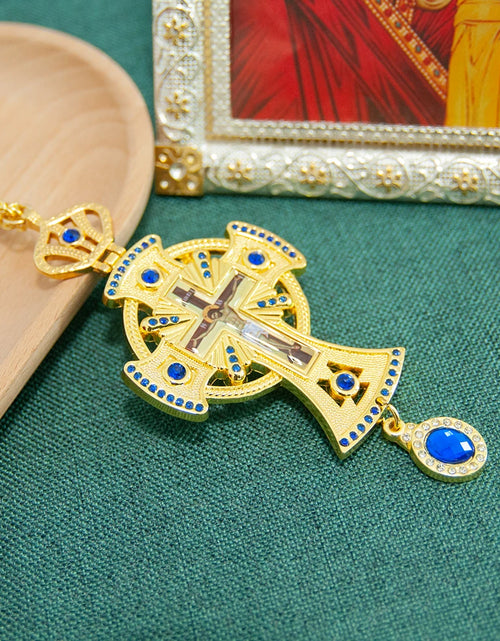 Load image into Gallery viewer, HT Medium Size Christian Church Cross Necklace Gold Antique Gold Plated Resin Jesus Orthodox Priest for Prayer
