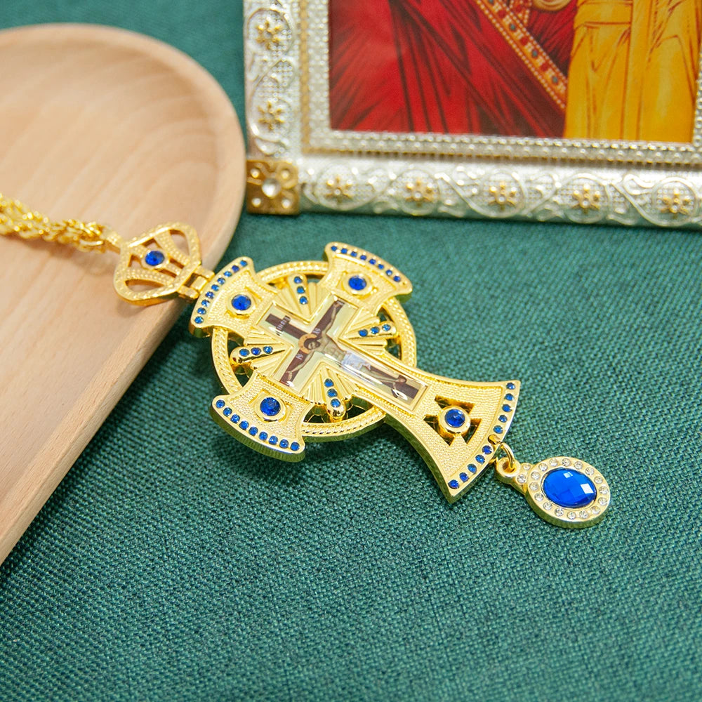 HT Medium Size Christian Church Cross Necklace Gold Antique Gold Plated Resin Jesus Orthodox Priest for Prayer