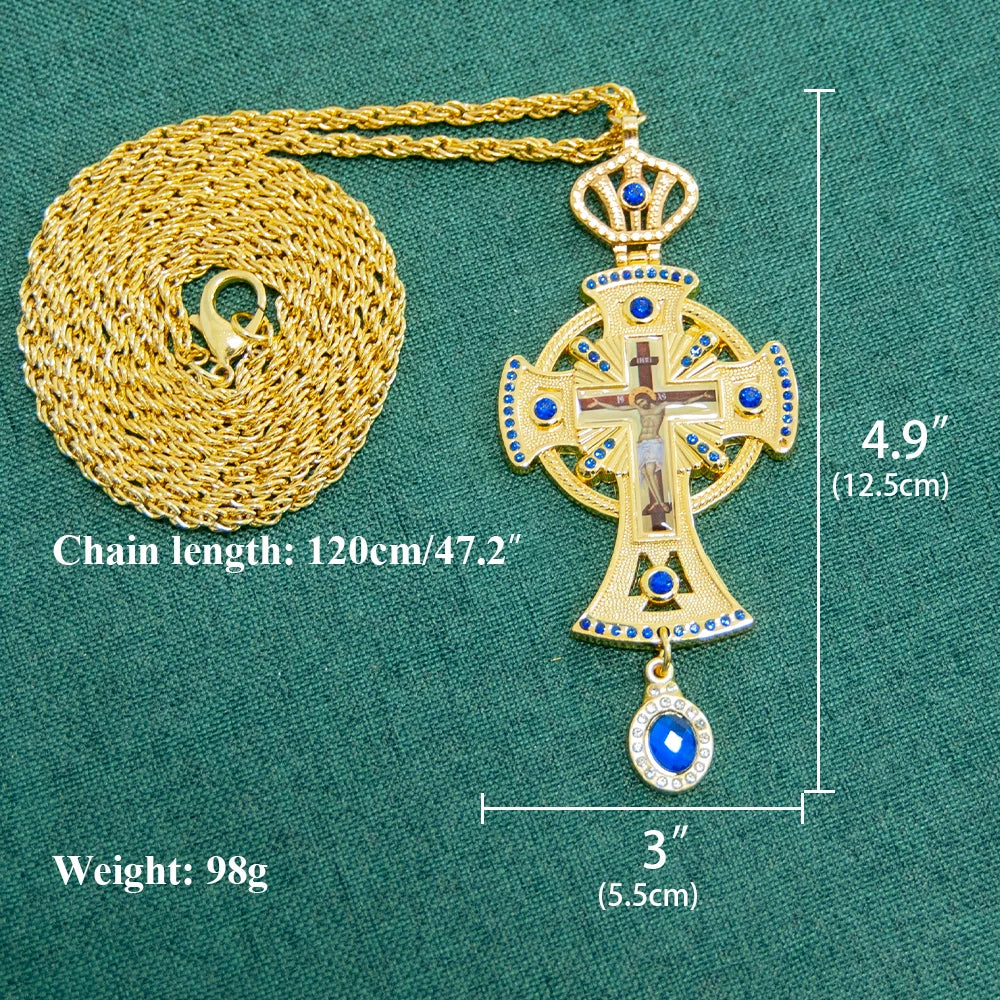 HT Medium Size Christian Church Cross Necklace Gold Antique Gold Plated Resin Jesus Orthodox Priest for Prayer