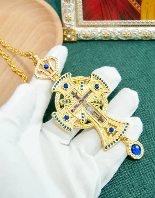 Load image into Gallery viewer, HT Medium Size Christian Church Cross Necklace Gold Antique Gold Plated Resin Jesus Orthodox Priest for Prayer
