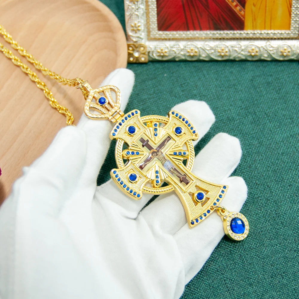 HT Medium Size Christian Church Cross Necklace Gold Antique Gold Plated Resin Jesus Orthodox Priest for Prayer