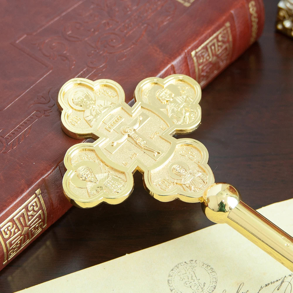 Handheld prayer alloy cross for Eastern Orthodox churches. Prayer ritual supplies are lightweight and easy to carry
