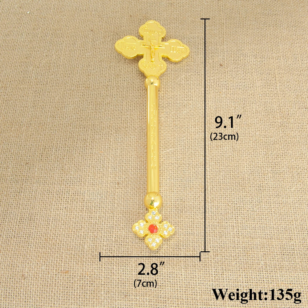 HT Small Hand Orthodox Cross Jesus Crucifix Statue Religious Prayer Gold Plated Hand Holding Cross With Stone Church Home Decor