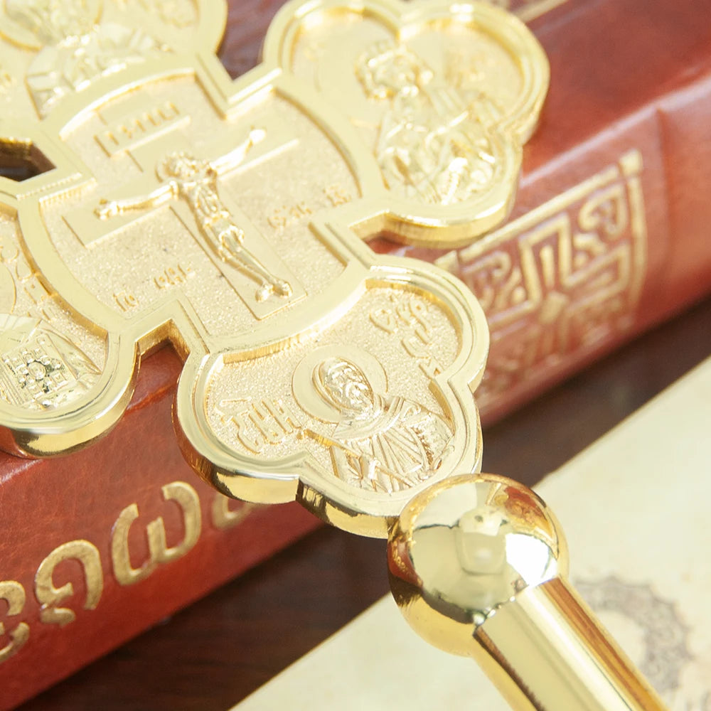 Handheld prayer alloy cross for Eastern Orthodox churches. Prayer ritual supplies are lightweight and easy to carry