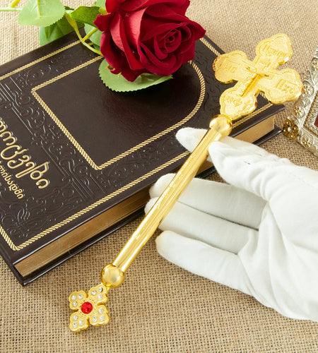 HT Small Hand Orthodox Cross Jesus Crucifix Statue Religious Prayer Gold Plated Hand Holding Cross With Stone Church Home Decor