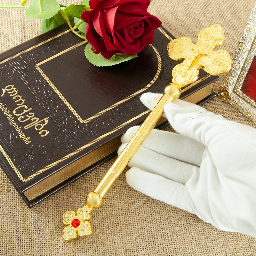 HT Small Hand Orthodox Cross Jesus Crucifix Statue Religious Prayer Gold Plated Hand Holding Cross With Stone Church Home Decor