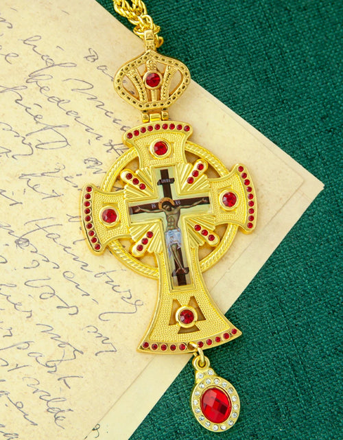 Load image into Gallery viewer, HT Medium Size Christian Church Cross Necklace Gold Antique Gold Plated Resin Jesus Orthodox Priest for Prayer

