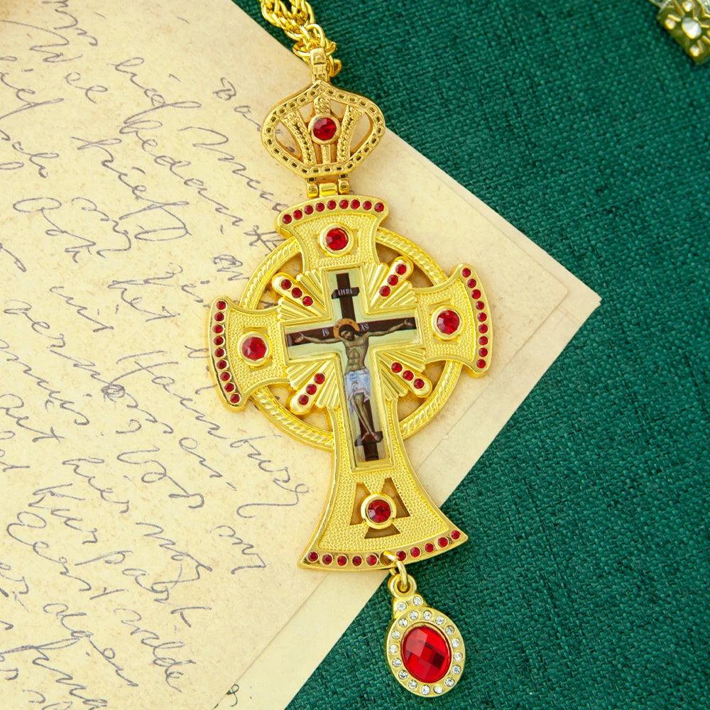 HT Medium Size Christian Church Cross Necklace Gold Antique Gold Plated Resin Jesus Orthodox Priest for Prayer