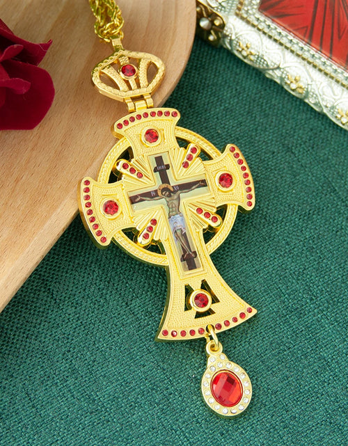 Load image into Gallery viewer, HT Medium Size Christian Church Cross Necklace Gold Antique Gold Plated Resin Jesus Orthodox Priest for Prayer
