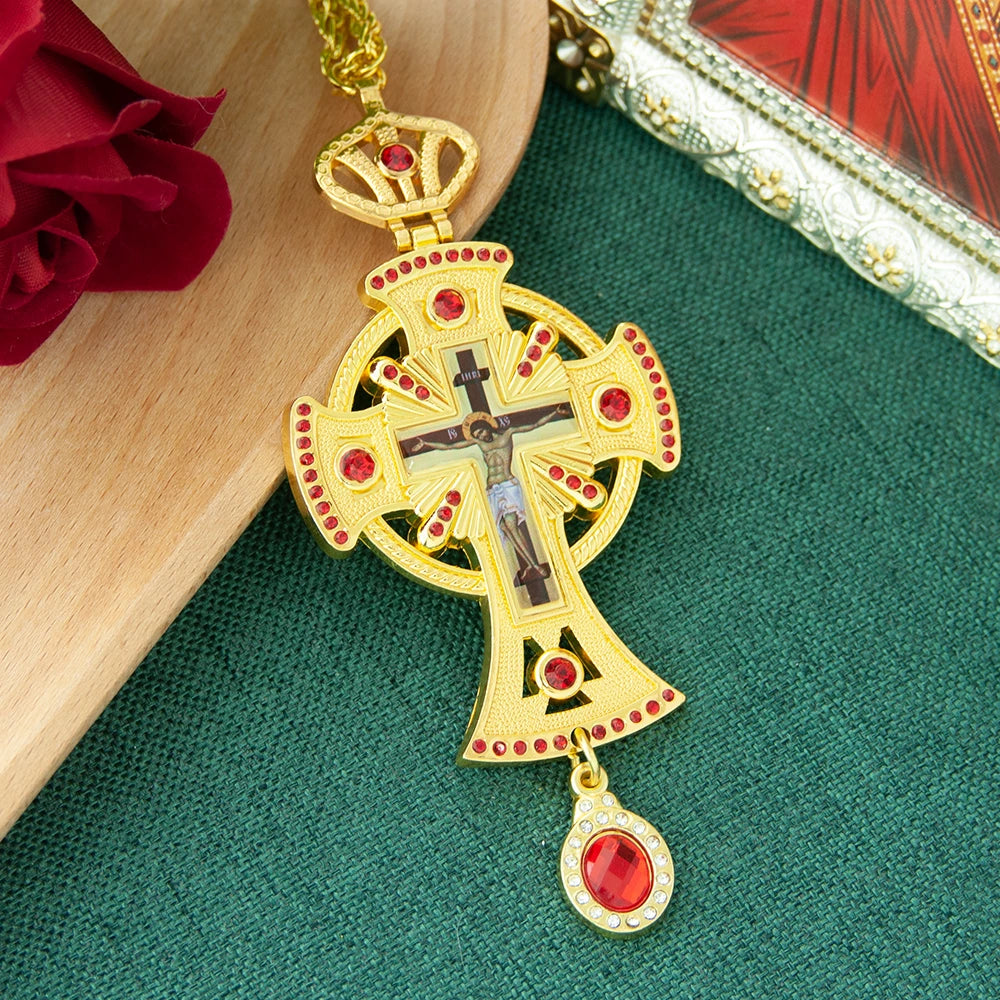 HT Medium Size Christian Church Cross Necklace Gold Antique Gold Plated Resin Jesus Orthodox Priest for Prayer
