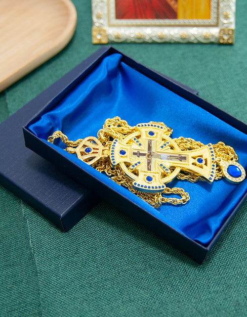 Load image into Gallery viewer, HT Medium Size Christian Church Cross Necklace Gold Antique Gold Plated Resin Jesus Orthodox Priest for Prayer
