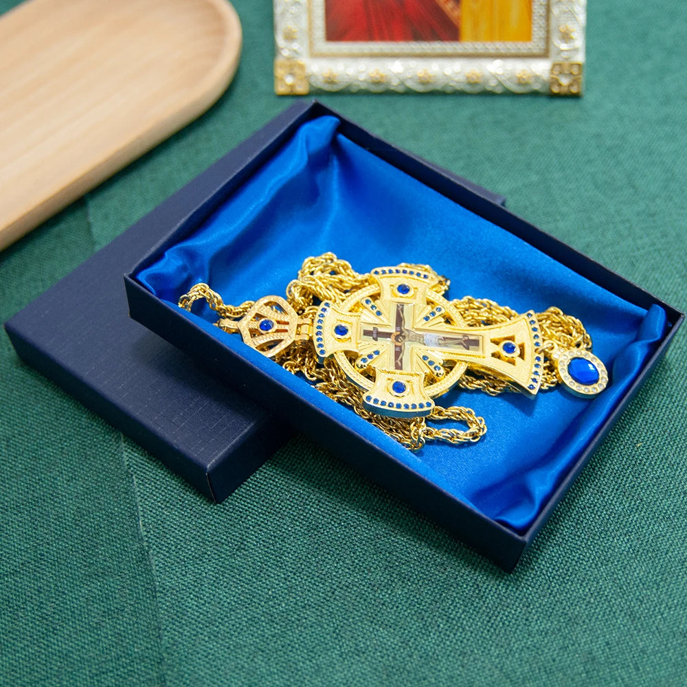 HT Medium Size Christian Church Cross Necklace Gold Antique Gold Plated Resin Jesus Orthodox Priest for Prayer