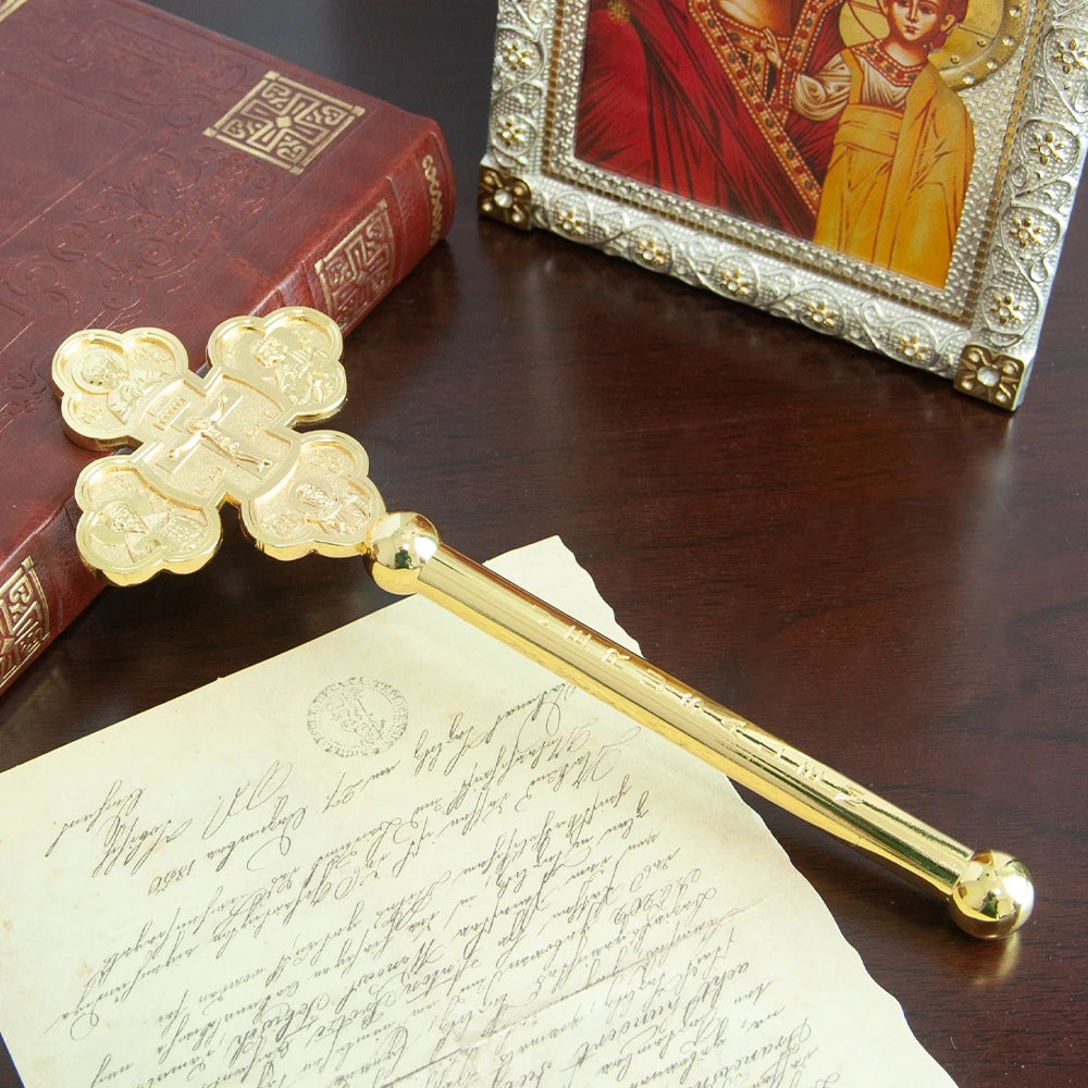 Handheld prayer alloy cross for Eastern Orthodox churches. Prayer ritual supplies are lightweight and easy to carry