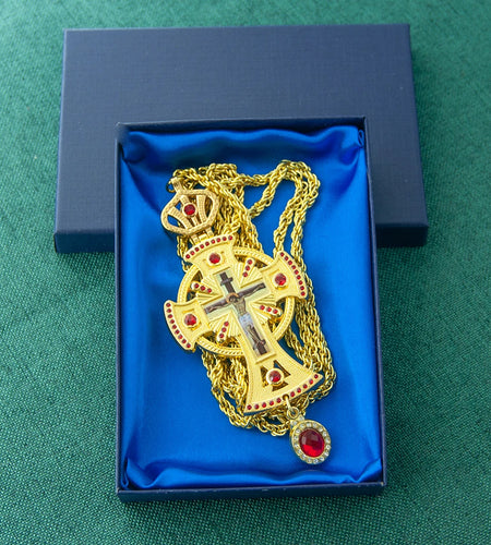 HT Medium Size Christian Church Cross Necklace Gold Antique Gold Plated Resin Jesus Orthodox Priest for Prayer