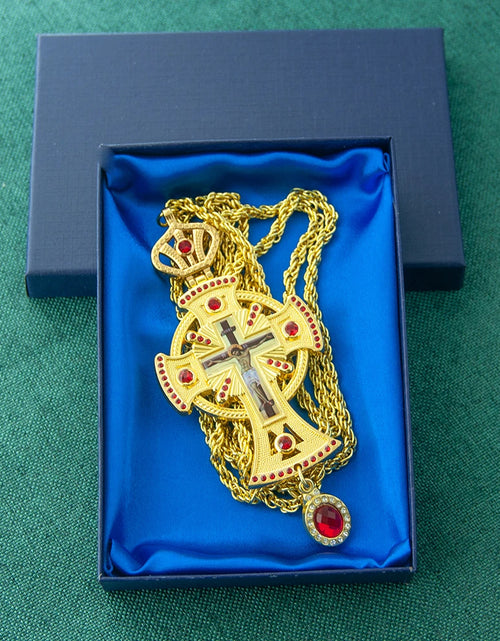 Load image into Gallery viewer, HT Medium Size Christian Church Cross Necklace Gold Antique Gold Plated Resin Jesus Orthodox Priest for Prayer

