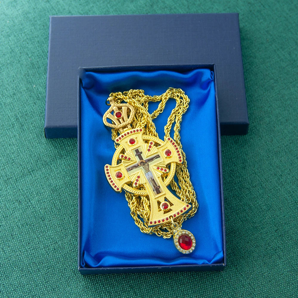 HT Medium Size Christian Church Cross Necklace Gold Antique Gold Plated Resin Jesus Orthodox Priest for Prayer