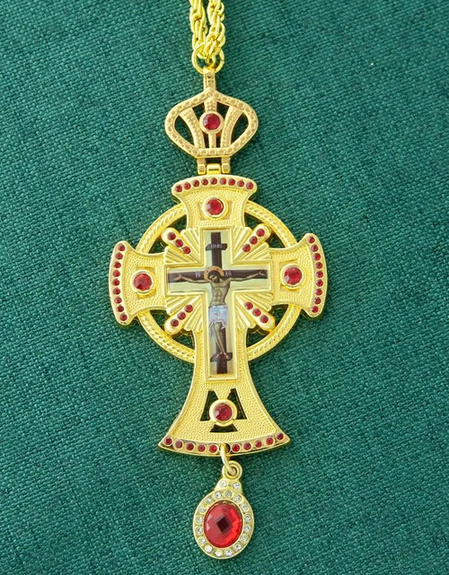 Load image into Gallery viewer, HT Medium Size Christian Church Cross Necklace Gold Antique Gold Plated Resin Jesus Orthodox Priest for Prayer
