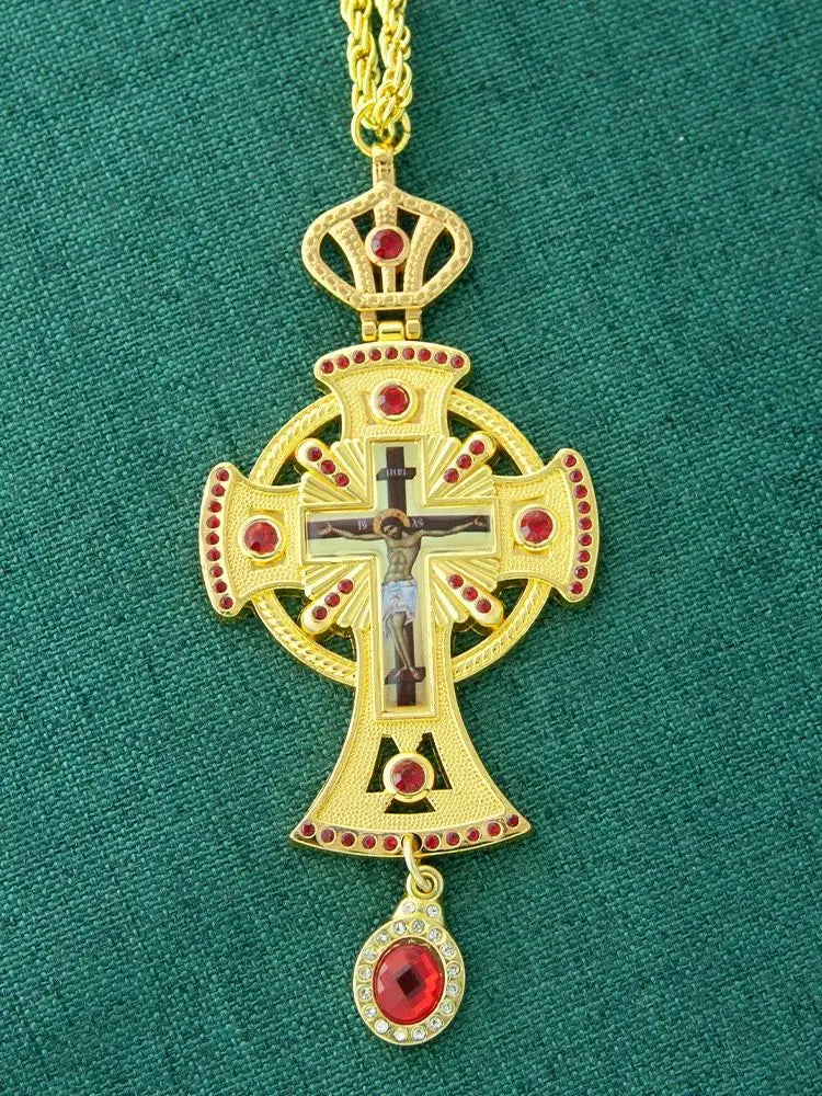 HT Medium Size Christian Church Cross Necklace Gold Antique Gold Plated Resin Jesus Orthodox Priest for Prayer