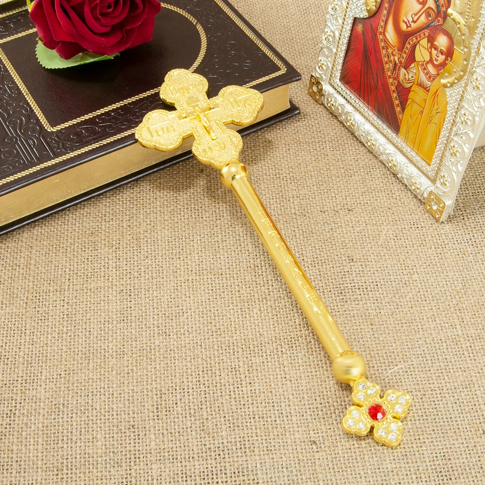 HT Small Hand Orthodox Cross Jesus Crucifix Statue Religious Prayer Gold Plated Hand Holding Cross With Stone Church Home Decor