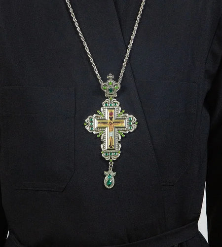 HT Orthodox Jesus Christ Crucifix Gold Silver Plated Metal Alloy Pendant Necklace Priest Pectoral Cross Крест наперсный с цепью