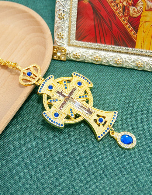 Load image into Gallery viewer, HT Medium Size Christian Church Cross Necklace Gold Antique Gold Plated Resin Jesus Orthodox Priest for Prayer
