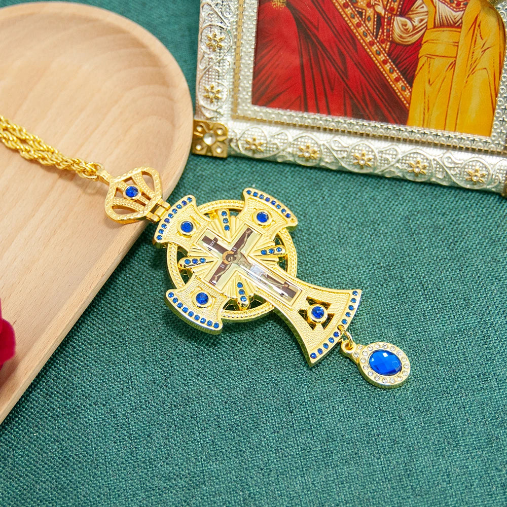 HT Medium Size Christian Church Cross Necklace Gold Antique Gold Plated Resin Jesus Orthodox Priest for Prayer