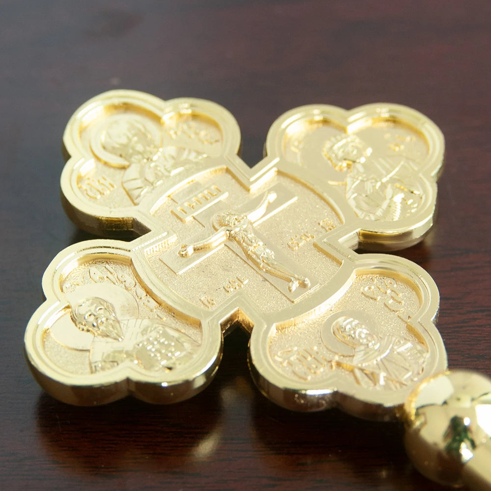 Handheld prayer alloy cross for Eastern Orthodox churches. Prayer ritual supplies are lightweight and easy to carry
