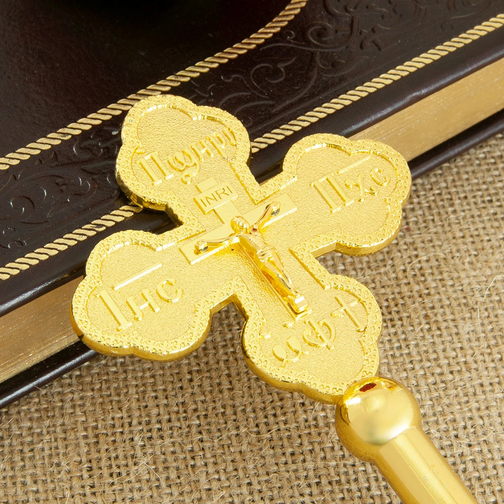 HT Small Hand Orthodox Cross Jesus Crucifix Statue Religious Prayer Gold Plated Hand Holding Cross With Stone Church Home Decor