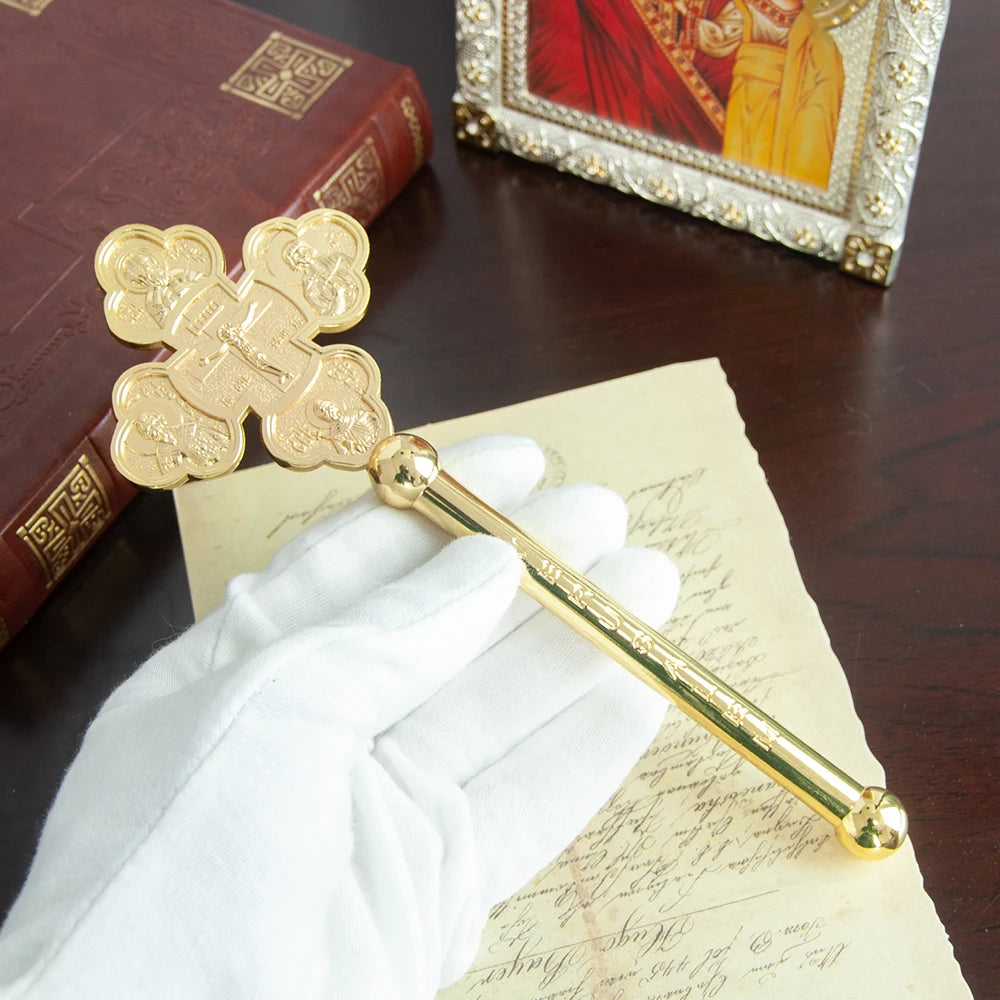 Handheld prayer alloy cross for Eastern Orthodox churches. Prayer ritual supplies are lightweight and easy to carry