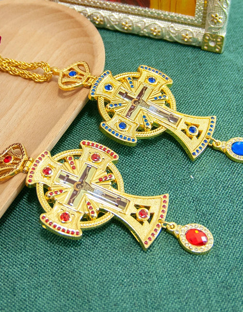 Load image into Gallery viewer, HT Medium Size Christian Church Cross Necklace Gold Antique Gold Plated Resin Jesus Orthodox Priest for Prayer
