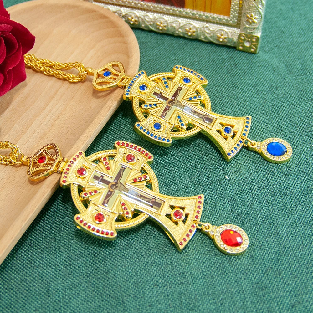 HT Medium Size Christian Church Cross Necklace Gold Antique Gold Plated Resin Jesus Orthodox Priest for Prayer